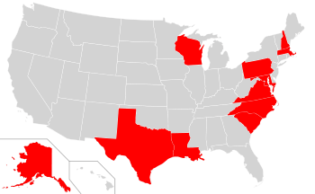 "A map of the United States with Alaska, Wisconsin and Texas in red along with a swathe of the north eastern states."