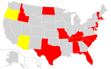 A map of the United States with Alabama, Florida, Idaho, Kentucky, Maryland, Massachusetts, Missouri, New Jersey, North Carolina, North Dakota, South Carolina, Tennessee, Texas and Vermont marked in red to designate the states with official horse breeds or states that have horses or horse breeds as their official state animal. Arizona and Oregon are marked in yellow to designate that they have had proposed state horse breeds.