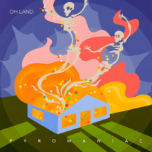 A cartoon house that is set on fire features two large skeletons fleeing from the roof; the respective song title and artist appear below and above the illustration, respectively.