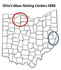 map of Ohio showing two major glass making centers