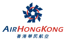 The old Air Hong Kong logo, made up of a navy blue colour pentagon, made up from the five 'A' character formed into a circle. Beneath the logo is the airline's name in both English and Traditional Chinese.