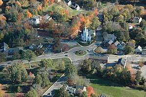 An aerial view of the North Andover Old Center showing the North Parish of North Andover Unitarian Universalist Church.