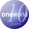 A round blue orb with the text "10 years" printed behind the word Oneworld as a watermark