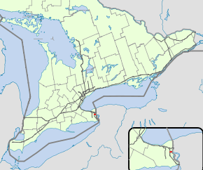 A map of the southern portion of the Canadian province of Ontario and environs, with the 400-series highway network superimposed. An inset of the Niagara Peninsula shows the location of Highway&nbsp;420.