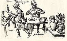 Drawing of two medieval men working in a kitchen