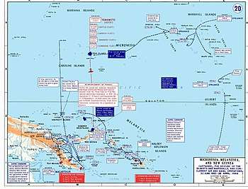 Colour map of the New Guinea, Bismark Islands, Solomon Islands and Central Pacific area marked with the main movements of Allied and Japanese forces between June 1943 and April 1944 as described in the article