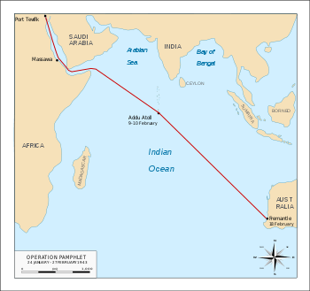 Map of the Indian Ocean region marked with the route taken by the ships involved in Operation Pamphlet as described in the article