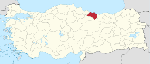 Ordu highlighted in red on a beige political map of Turkeym