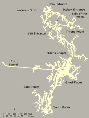 Two-dimensional map of the cave showing entrances, large named chambers, connecting passages, and the exit tunnel