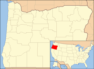 Map showing location of the cave in southwestern Oregon with an inset map showing that Oregon lies along the Pacific Northwest coast of the United States