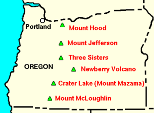 The Three Sisters are in a north-south row of major volcanoes in Oregon. From north to south: Mount Hood, Mount Jefferson, Three Sisters, Crater Lake, and Mounth McLoughlin. Newberry Volcano is displaced to the east, between Three Sisters and Crater Lake