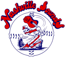 A red, white, and blue cartoon baseball player swings at a baseball with a guitar in place of a bat set against a baseball with "Nashville Sounds" written above in red letters with blue border