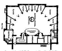 Plan of interior with large open central area; remaining portion divided into 10 rooms by radial partitions