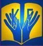 Outspread hands over an open book encompassing the letters K and F, in Kenner's colours, blue and gold.