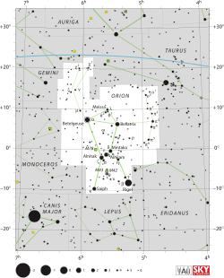 Diagram showing star positions and boundaries of the constellation of Orion and its surroundings
