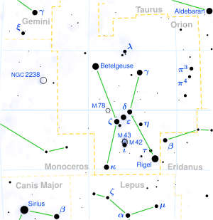 Location of δ Orionis (circled), as shown in a conventional star chart, that is looking at the southern or overhead sky from northern latitudes. The star generally appears on the left in the Southern Hemisphere looking at the northern sky.
