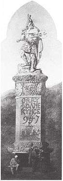 Black and white illustration of a stone monument depicting an axe-wielding Viking