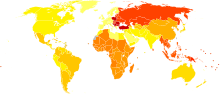 2004 global heat map of osteoarthritis-adjusted life year by country