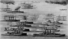 An illustration depicting the ships of the Ottoman and Greek fleets, including several large ships and numerous smaller vessels