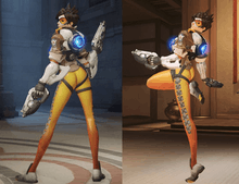 A youthful, female, Caucasian, computer-generated character holding automatic firearms and wearing orange leggings stands upright and looks over her left shoulder. In the left image she has both feet on the ground and is viewed from the back while in the right image she stands on her left leg with her right leg raised and placed beneath her buttock.