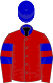 Red jacket with blue stripes on arms, blue collar and blue helmet