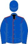 Royal blue, red seams, royal blue sleeves and cap