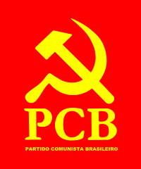 A yellow sickle and hammer on a red background along with the acronym "PCB" and the words "Partido Comunista Brasilerio