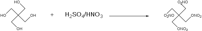  graphic representation of the formula C(CH2OH)4 + 4 HNO3 → C(CH2ONO2)4 + 4 H2O