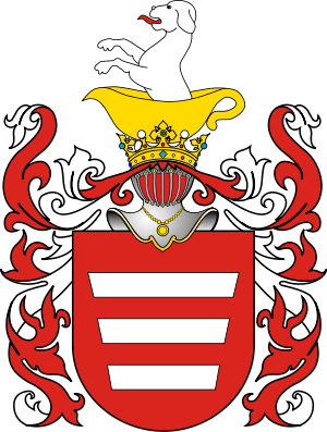 Red, white and gold coat of arms with a dog