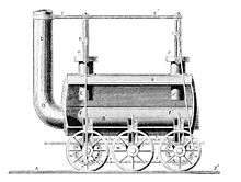 A six-wheeled Stephenson locomotive, with the pipes for the steam springs shown sectioned, revealing the pistons