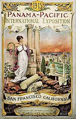 A poster reading "1915 Panama-Pacific International Exposition, San Francisco, California". A woman in a classical white gown and a maroon shawl stands by ruined pillars, holding a wreath and looking down at a pool and part of a city, resembling the Palace of Fine Arts.
