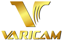 Logo for Varicam, accompanied by "VARICAM" text below logo. The logo is a stylized capital "V", colored gold.