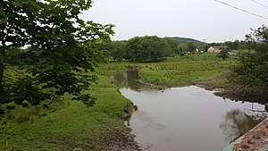 Papakating Creek in Wantage Township, New Jersey, US, a small stream flowing through green farm pastureland