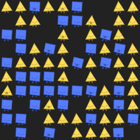 A grid of randomly positioned blue squares and yellow triangles with faces showing happy, unhappy, or neutral expressions