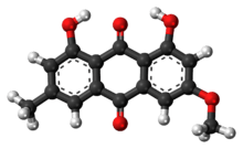 Ball-and-stick model of the parietin molecule
