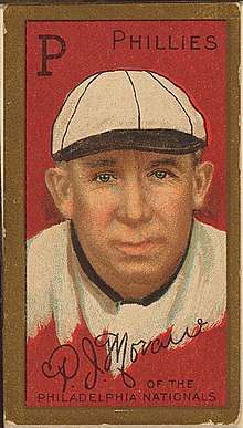 A baseball-card image of a man wearing an old-style white baseball cap