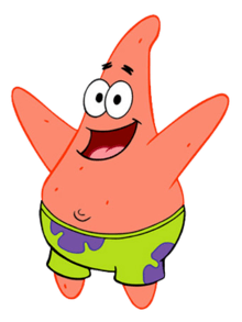 A smiling pink starfish wearing green trunks