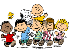 The characters from Peanuts holding aloft Charlie Brown and Snoopy