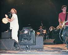 A rock band, Pearl Jam, performing onstage. A vocalist sings into a microphone while playing tambourine. A drummer sits behind a drumkit. A guitarist plays electric guitar.