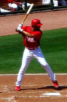 A man in a red baseball jersey and helmet and white pinstriped baseball pants stands in the batter's box holding a light-colored baseball bat over his right shoulder
