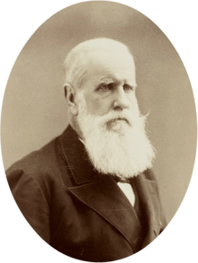 Half-length photographic portrait of an older man with white hair and beard dressed in a dark jacket and necktie