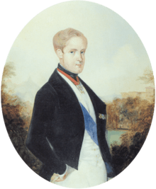 A painting depicting a light-haired young man standing in profile with head turned toward the viewer and wearing a black cutaway coat, white vest and white trousers with a blue sash of office over the vest and the Order of the Golden Fleece suspended on a red ribbon around his neck