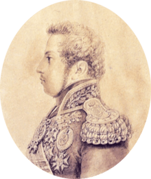 Half-length pencil or silverpoint sketch showing a young man with curly hair and long sideburns facing left who is wearing an elaborate embroidered military tunic with heavy gold epaulets, sash and medals
