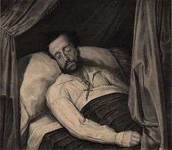 A lithograph depicting a curtained bed on which lies a bearded man with closed eyes and a crucifix lying on his chest