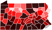 A heat map of Pennsylvania denoting farm density by county.