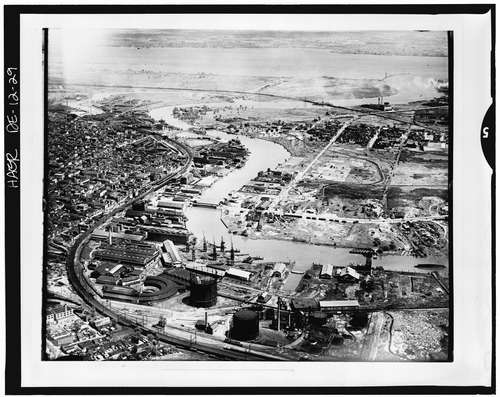 An aerial photograph looking southeast across the Wilmington riverfront and the south side of Wilmington.