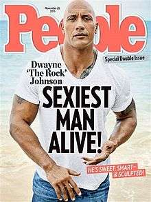 Photograph of Dwayne Johnson with the title "Dwayne 'The Rock' Johnson: SEXIST MAN ALIVE!". In the background, the logo of People magazine can be seen.