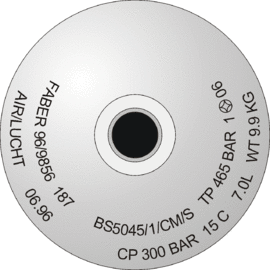  Diagram of a cylinder shoulder with stamp marking: FABER 96/9856 187 BS5045/1/CM/S TP 265 BAR AIR/LUCHT 06.96 CP 300BAR 15C 7.0L WT 9.9&nbsp;kg