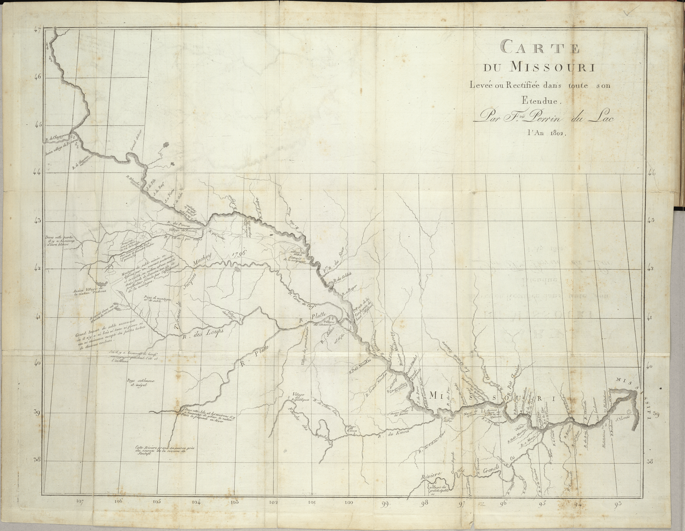 Perrin du Lac’s "Map of the Banks of the Missouri River" (1802), locates the Pawnee Republic (Village des Republic) on the Republican Fork of the Kansas River
