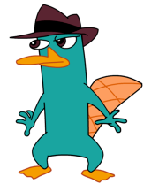 Color drawing of Perry the Platypus, standing upright, wearing a hat